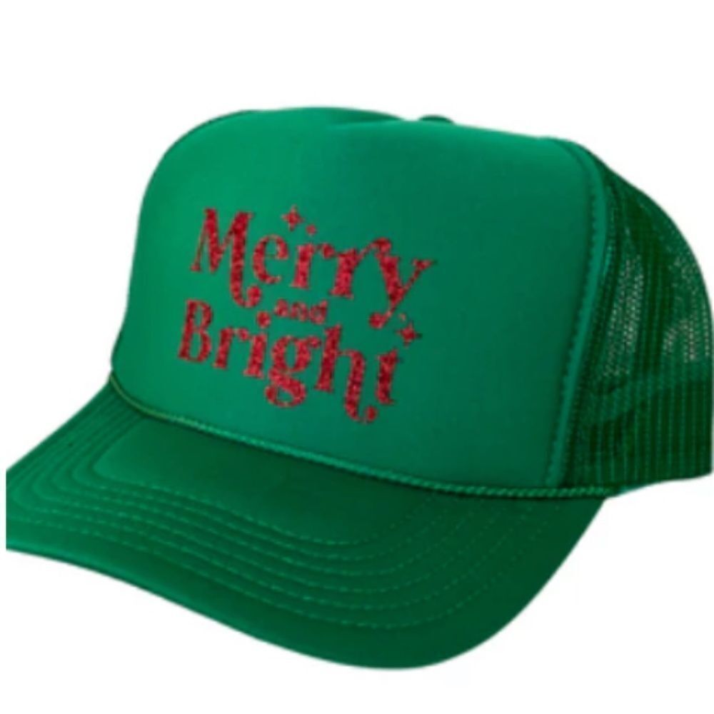 Merry and Bright Green and Red Glitter Christmas Trucker Hat - Snap Back NEW